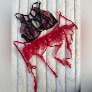 FOR LOVE & LEMONS Lace Lingerie Set Black Red bra and garter